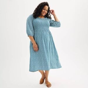 Croft & Barrow Women’s Midi Blue & White Floral Print Smocked Dress Sz 1X